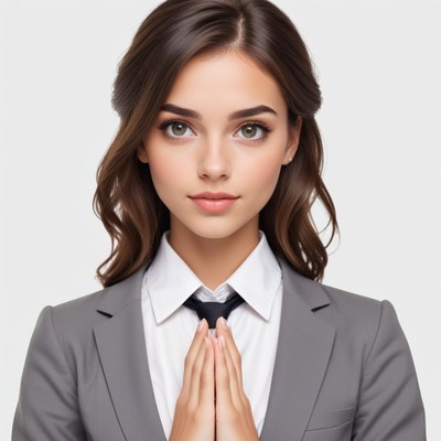 Professional woman in business attire with hands together