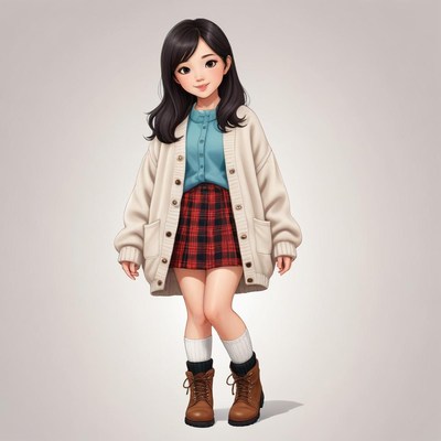 Stylish girl in cozy sweater and plaid skirt standing