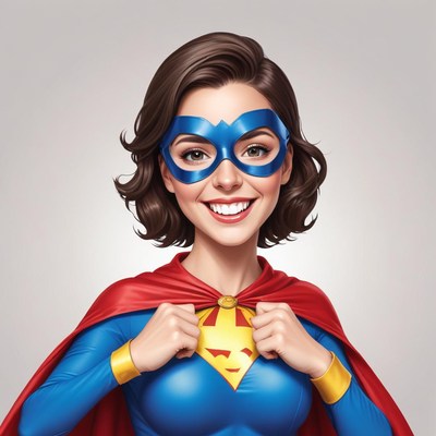 Girl in superhero costume smiles confidently