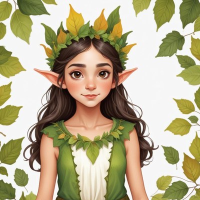 Young elf girl surrounded by leaves and nature elements