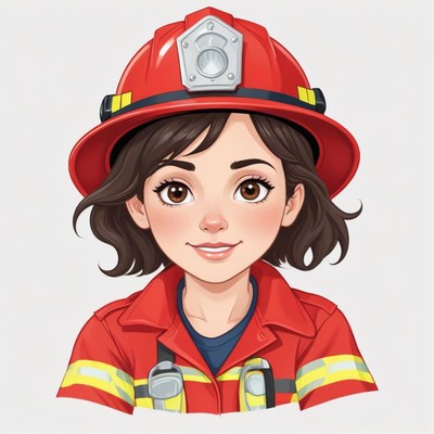 Young firefighter character in bright red uniform