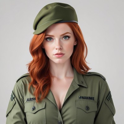 Red-haired woman in military uniform poses confidently
