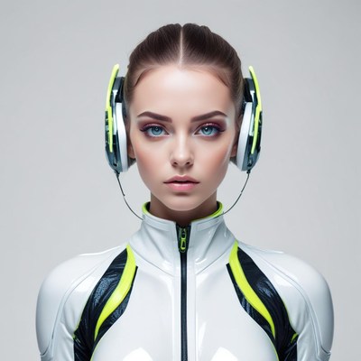 Futuristic woman in sleek outfit with headphones at studio
