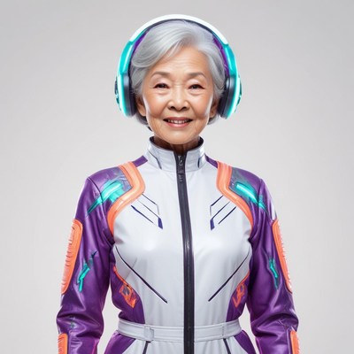 Elderly woman in futuristic outfit with glowing headphones