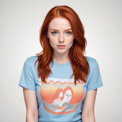 Redhead model wears artistic t-shirt with unique design