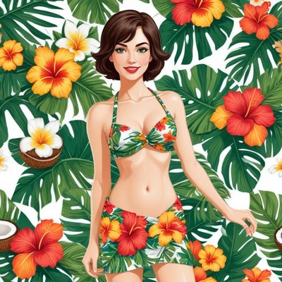 Woman in tropical outfit with vibrant flowers and leaves