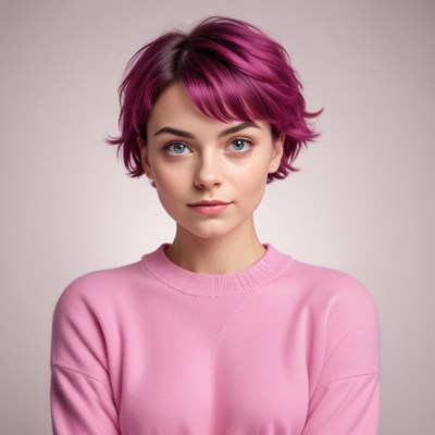 Young woman with pink hair in cozy sweater indoors