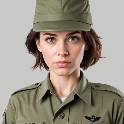 Young woman in military uniform poses confidently indoors