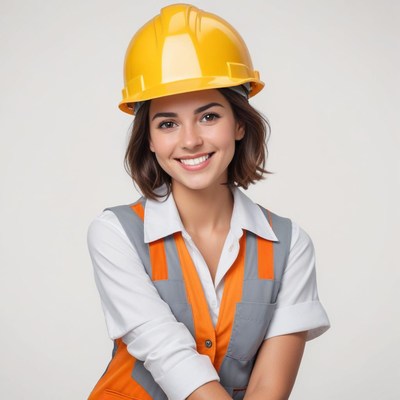 Happy construction worker wearing a yellow safety helmet