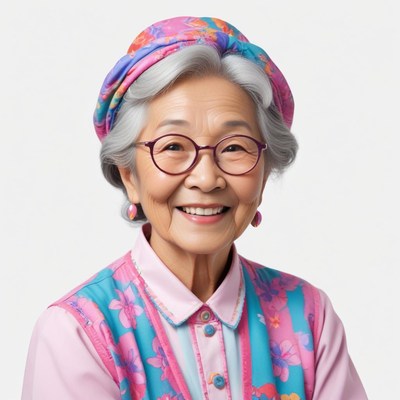 Elderly woman smiles warmly in colorful attire and hat