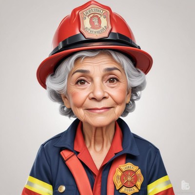 Elderly woman dressed as a firefighter with a smile