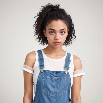 Young woman in denim overalls with a serious expression
