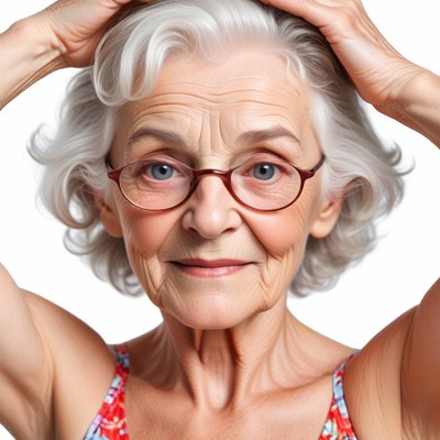 Senior woman smiling while touching her hair indoors