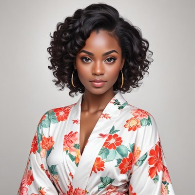 Elegant woman in floral robe with curly hair