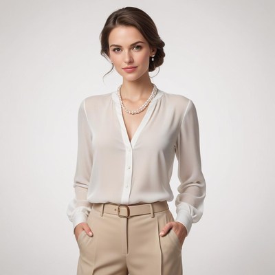 Elegant woman wearing a white blouse and pearl necklace
