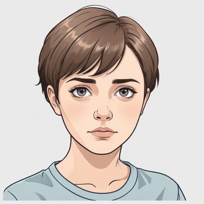 Young person with short hair and thoughtful expression