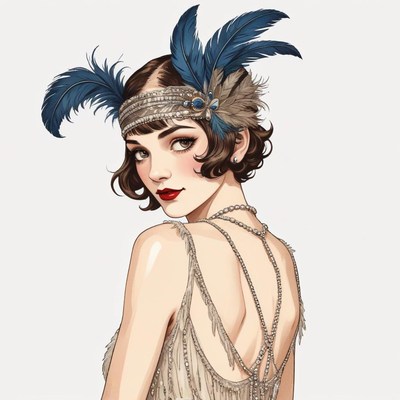 Vintage woman with feathers and pearls in elegant attire
