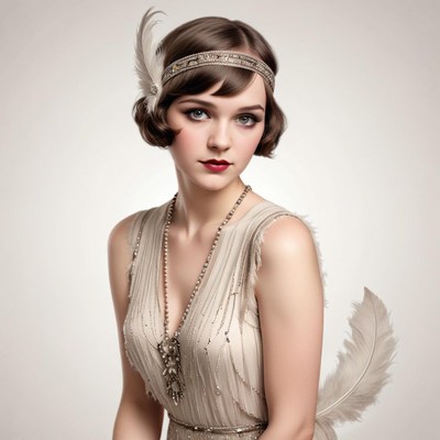 Elegant woman in vintage 1920s attire with feather details