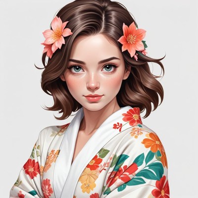 Young woman wearing floral kimono with flowers in hair