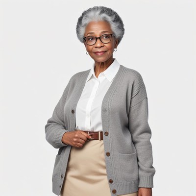 Confident older woman in grey cardigan standing proud