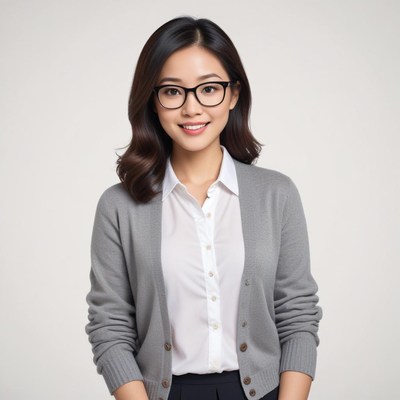 Smiling woman with glasses and cardigan poses confidently