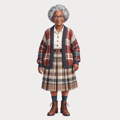 Elderly woman in cozy attire standing indoors