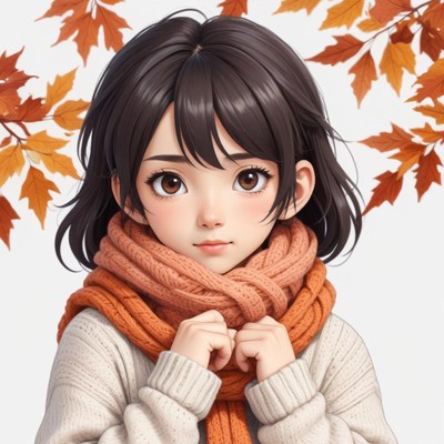 Girl in cozy sweater and scarf among autumn leaves