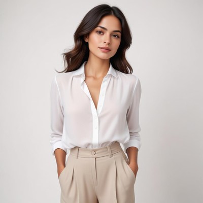 Model poses in stylish outfit against plain backdrop