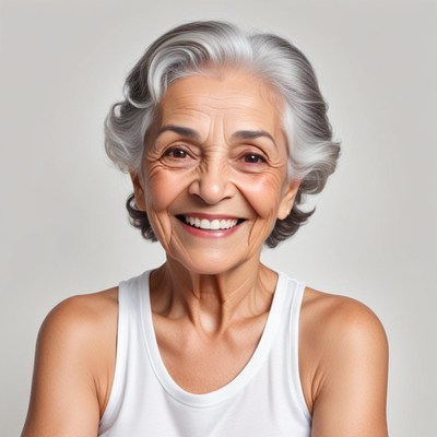 Smiling older woman wearing a tank top with gray hair