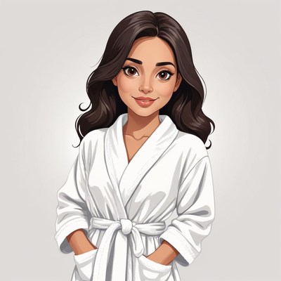 Young woman in a white robe with long dark hair