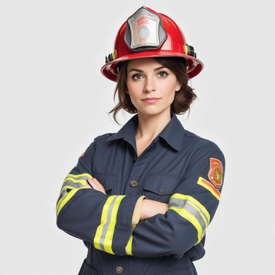 Confident female firefighter in uniform with helmet