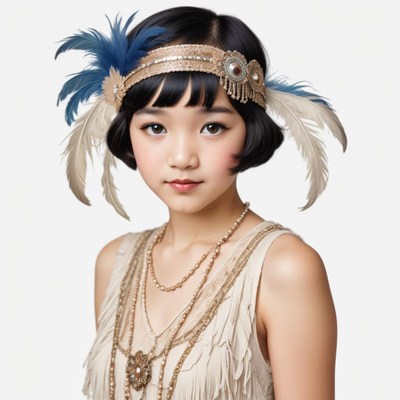 Child dressed in 1920s flapper costume with feathers
