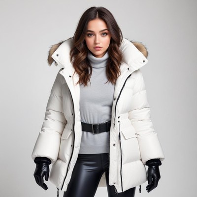 Stylish winter fashion with puffy coat and gloves