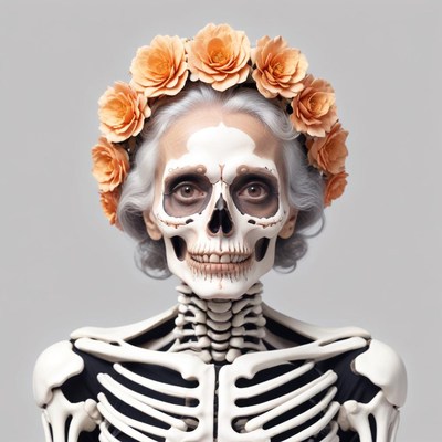Skeleton adorned with floral crown in artistic display