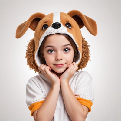 Girl wearing a cute dog hooded costume indoors