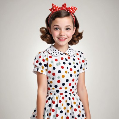 Girl in a polka dot dress with a red bow in her hair
