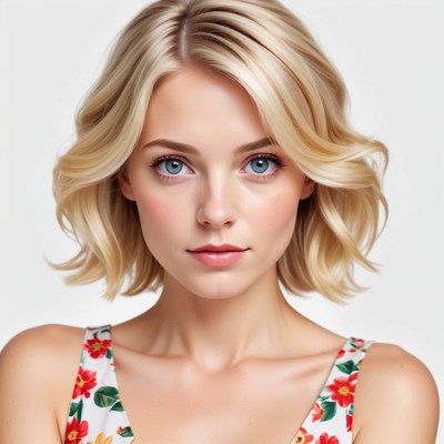 Young woman with blonde hair and blue eyes poses calmly