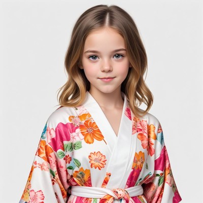 Girl in colorful floral kimono smiling indoors