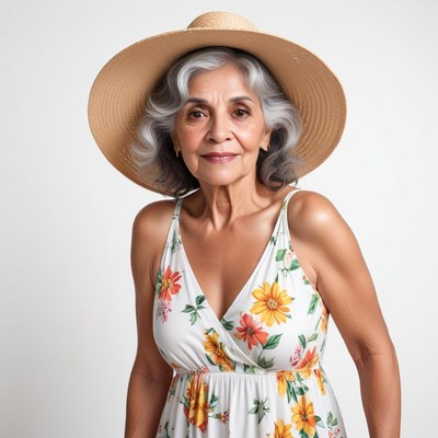 Elderly woman in floral dress and sun hat poses confidently