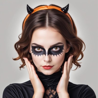 Woman in halloween costume with striking makeup and headband