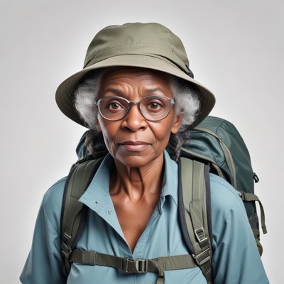 Elderly woman ready for hiking adventure in nature