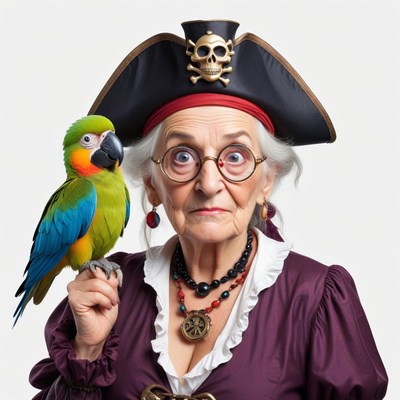 Elderly woman dressed as a pirate with a parrot