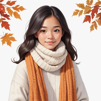 Beautiful girl in autumn sweater with leaves around