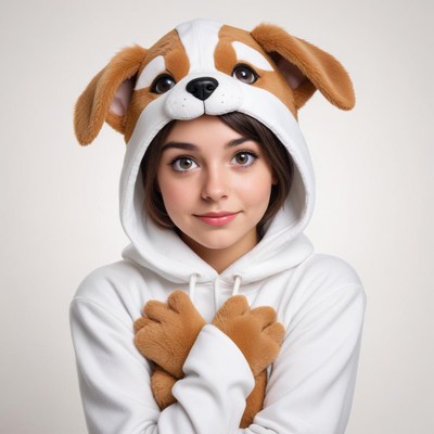 Girl in cute dog hoodie smiles warmly at the camera