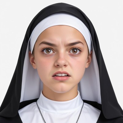 Nun with an intense expression in a close-up setting