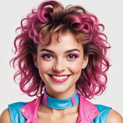 Woman with vibrant pink curly hair poses happily