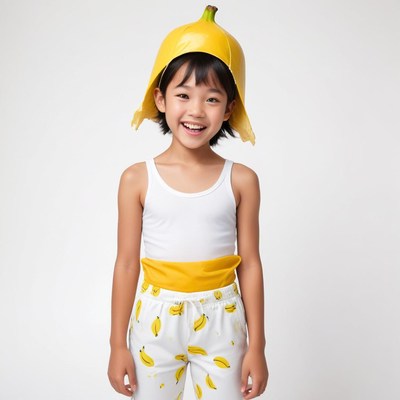 Child dressed in playful fruit costume with a smile