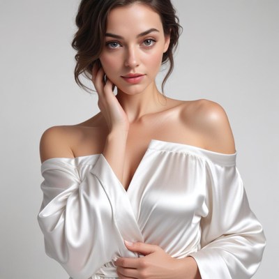 Elegant woman in white satin dress posing gracefully