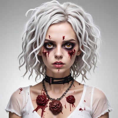 Creepy stylish girl with white hair and blood details