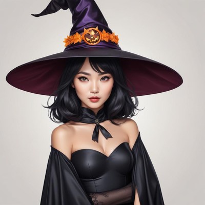 Young witch in a stylish hat with autumn decorations